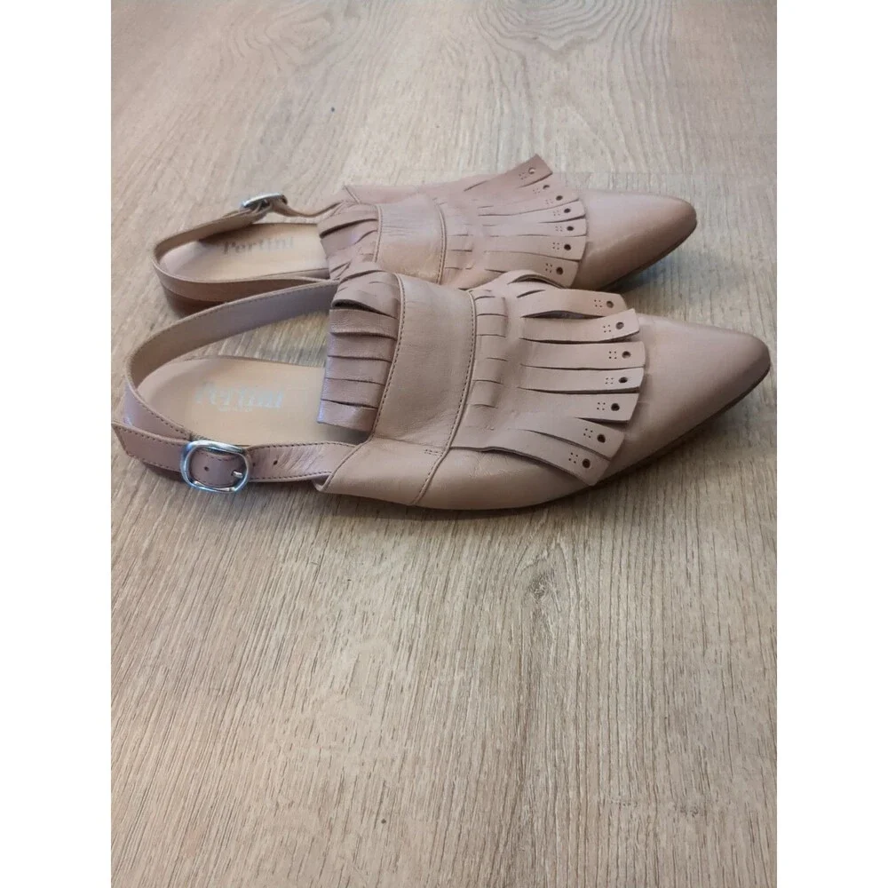 PERTINI Women's Fringe Mule with Strap Nude Tan  sz 40 (9) Spain Leather